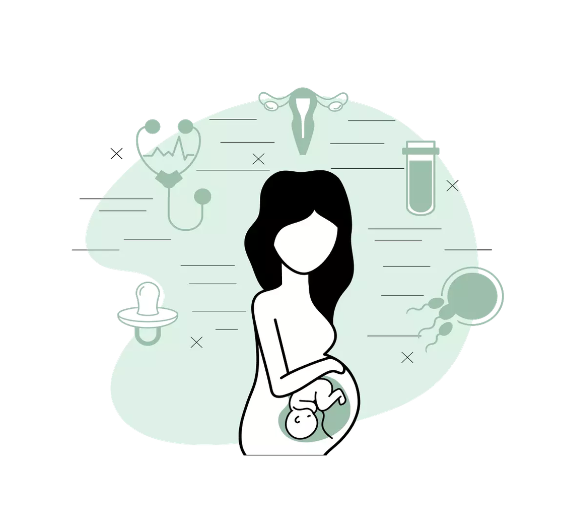 Illustration : femme enceinte entourée de pictogrammes médicaux (stéthoscope, utérus, tube, sucette)